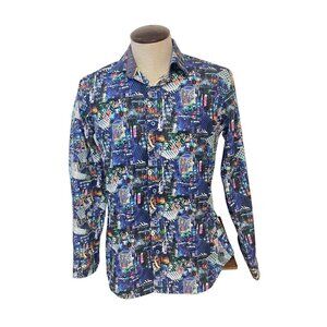 Bugatchi Uomo Shaped Fit Artistic Urban Collage Flip Cuffs Shirt Small